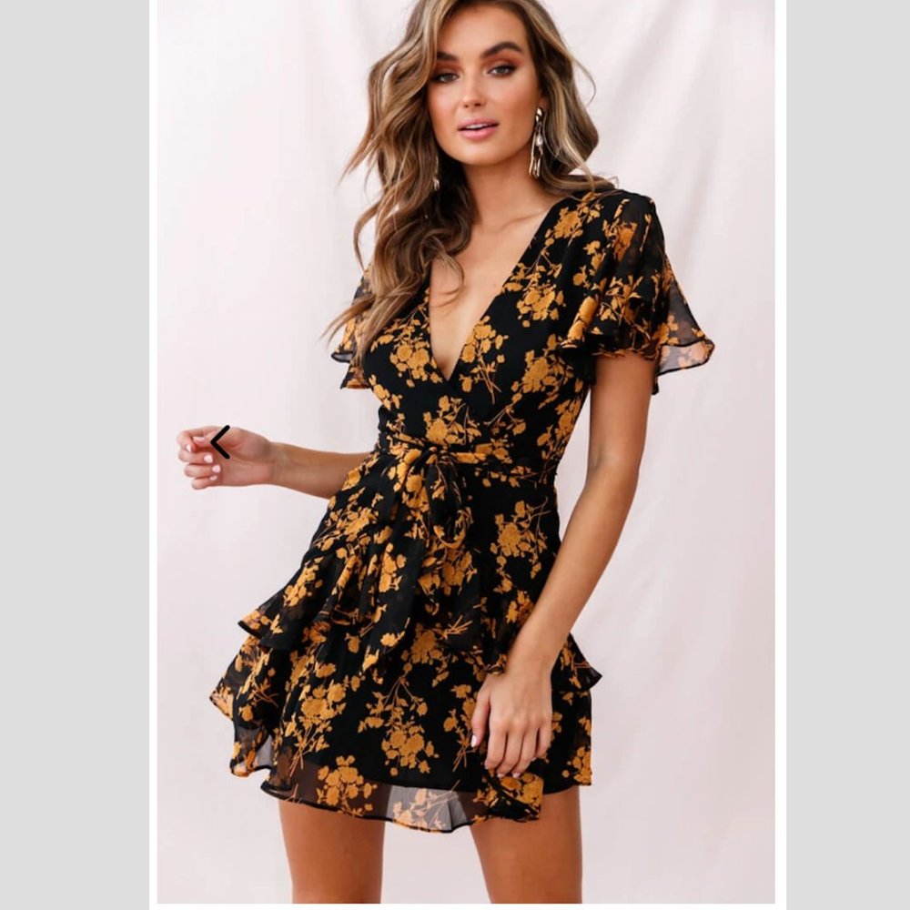 Kerry Layered Angel Sleeve Dress Black/Orange Flower
